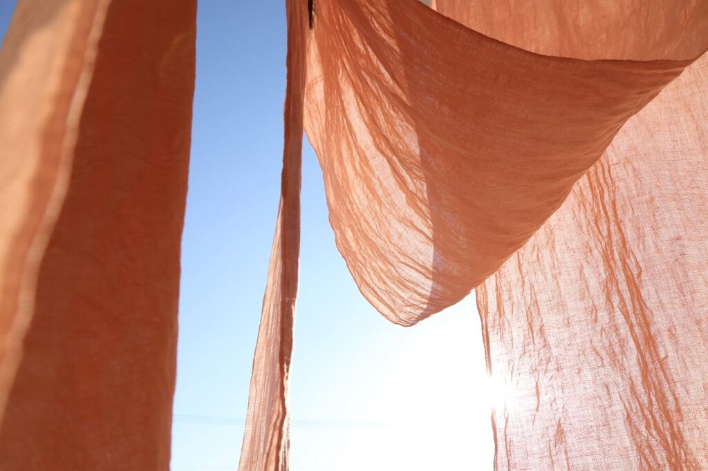 桜色に染まった布を干す